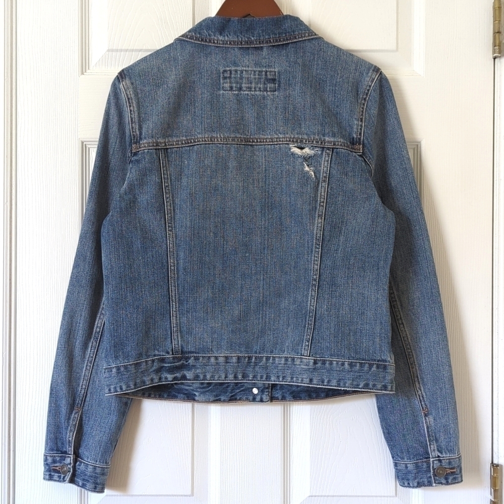 Black Rivet Classic Medium Wash Distressed Cropped Denim Jean Trucker Jacket M - Picture 13 of 14